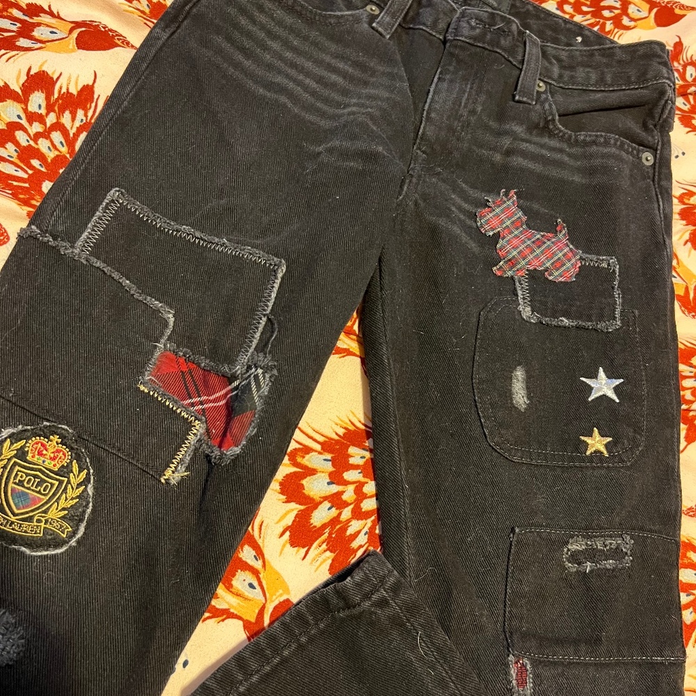 Girls black patchwork jeans